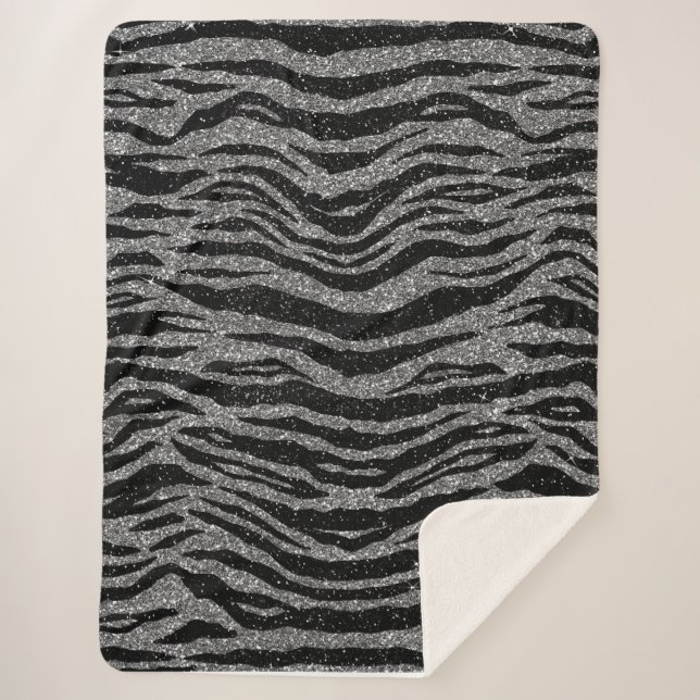 Zebra Print Black and Gray Silver Sherpa Blanket (Front)