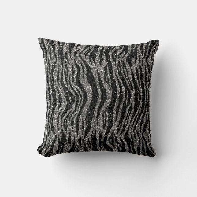Zebra Print Black and Gray Silver Throw Pillow (Front)