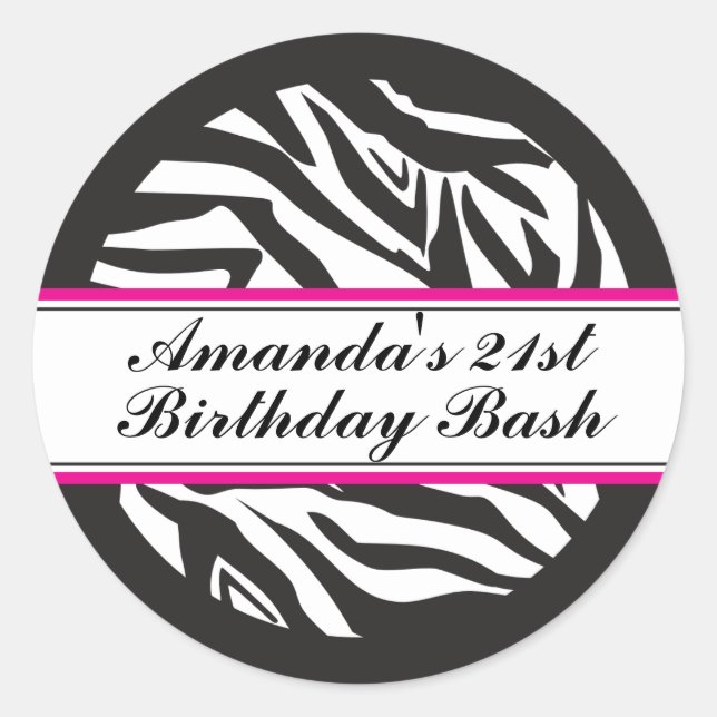 Zebra Print Black and Hot Pink Classic Round Stick Sticker (Front)