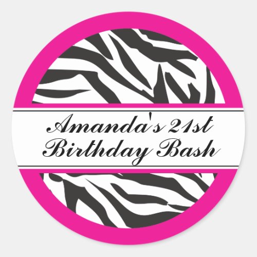 Zebra Print Black and Hot Pink Classic Round Sticker