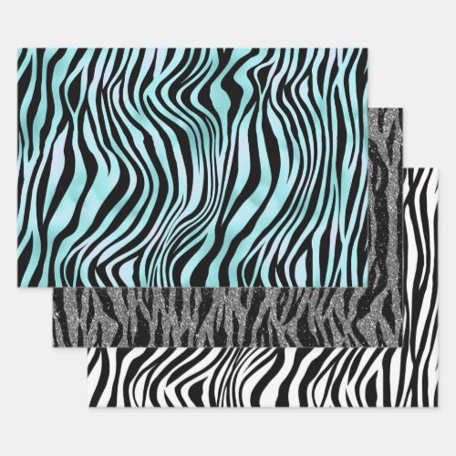 Zebra Print Black and Teal Turquoise and White Wrapping Paper Sheets