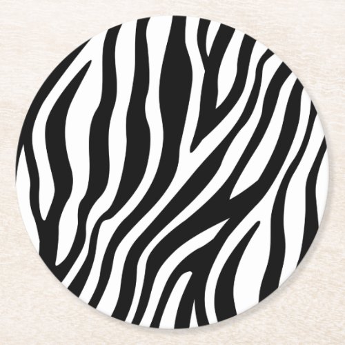 Zebra Print Black And White Stripes Pattern Round Paper Coaster