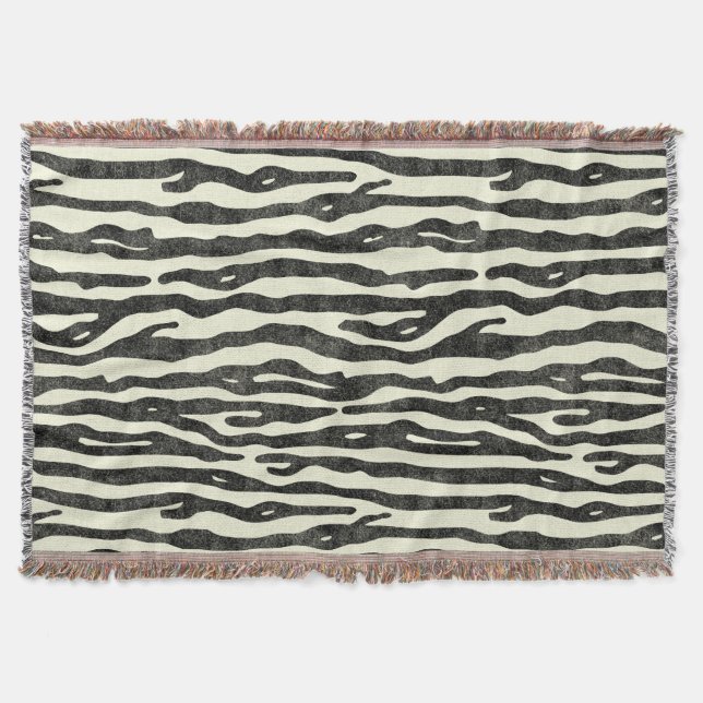 Zebra Print Black Beige Distressed Vintage Animal Throw Blanket (Front)