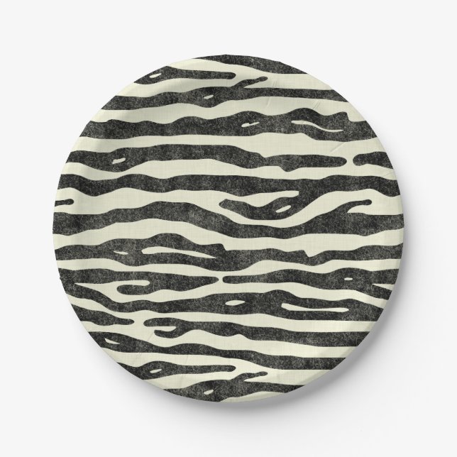 Zebra Print Black Ecru Striped Animal Safari Party Paper Plates (Front)