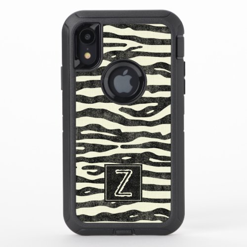 Zebra Print Black Ecru Stripes Stylish Monogram OtterBox Defender iPhone XR Case