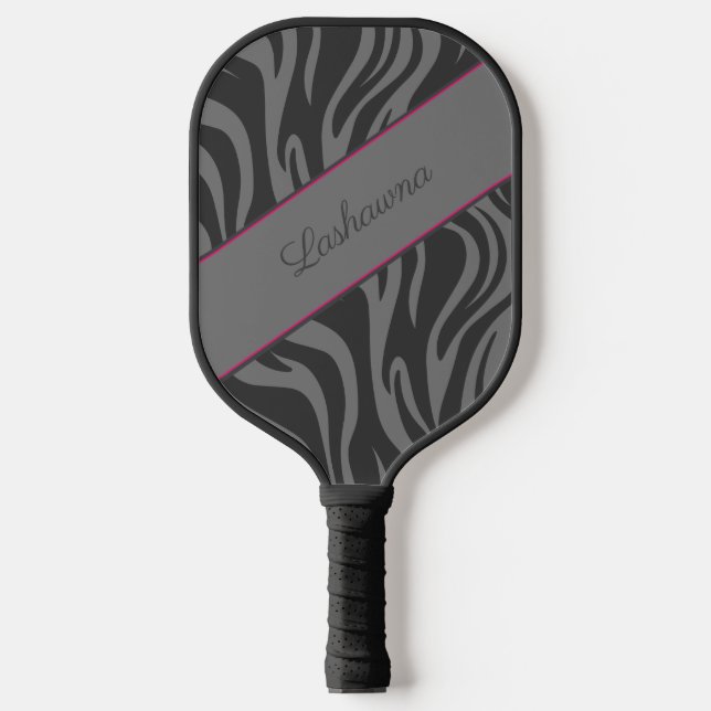 Zebra Print Black, Gray, Hot Pink Personalized Pickleball Paddle (Front)