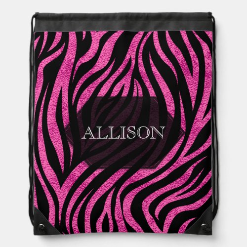 Zebra Print Black Hot Pink Drawstring Bag