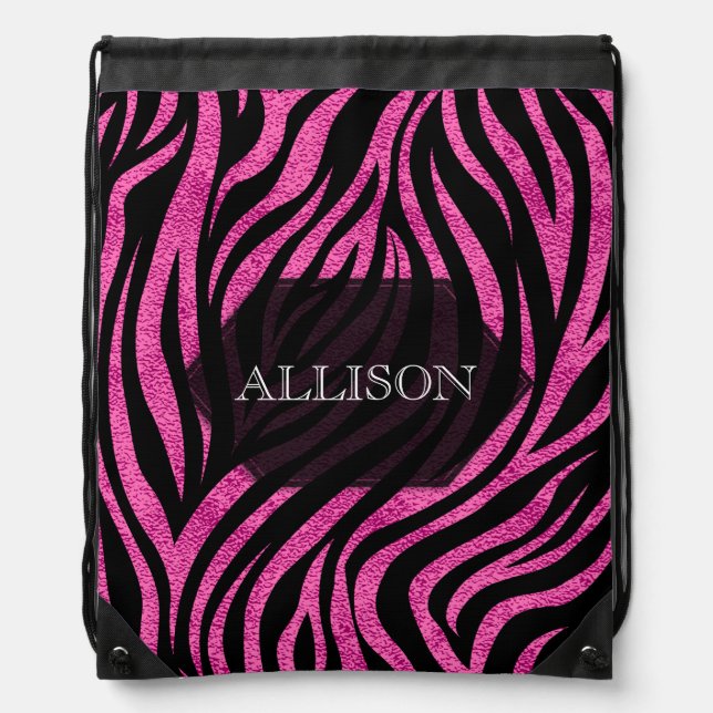 Zebra Print Black Hot Pink Drawstring Bag (Front)