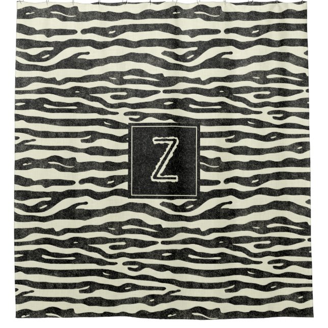 Zebra Print Black Striped Monogram Animal Pattern Shower Curtain (Front)