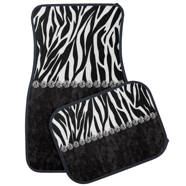 Zebra print black velvet diamond bling car mat (Set)