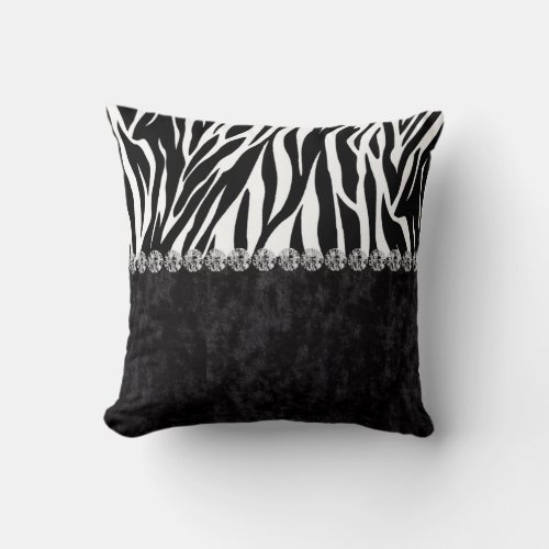 Zebra print black velvet diamond bling throw pillow