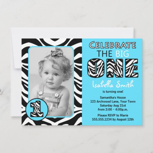 Zebra Print Blue First Birthday Personalized Invitation