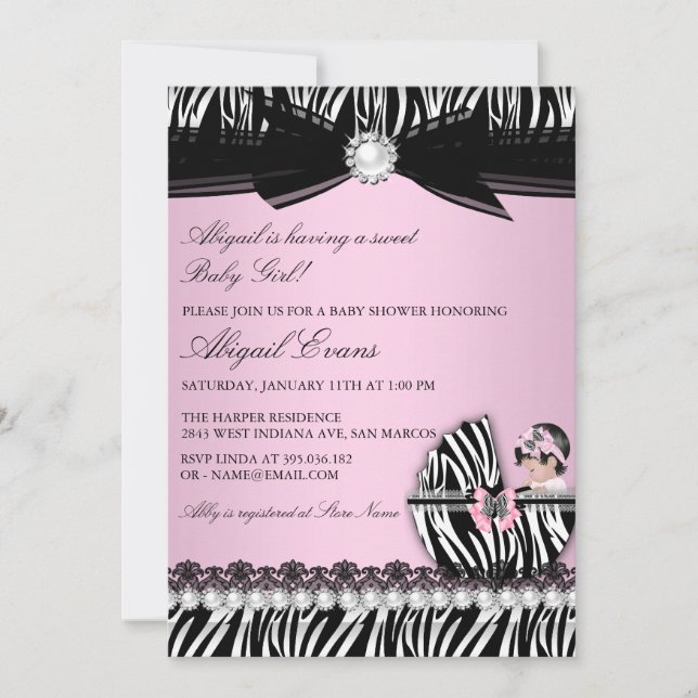 Zebra Print & Bow Baby Girl Baby Shower Invitation (Front)