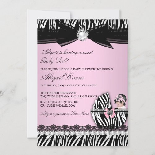 Zebra Print  Bow Baby Girl Baby Shower Invitation