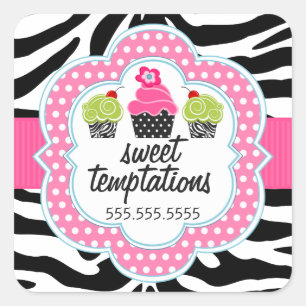Zebra Print Cupcake Bakery Business Square Sticker