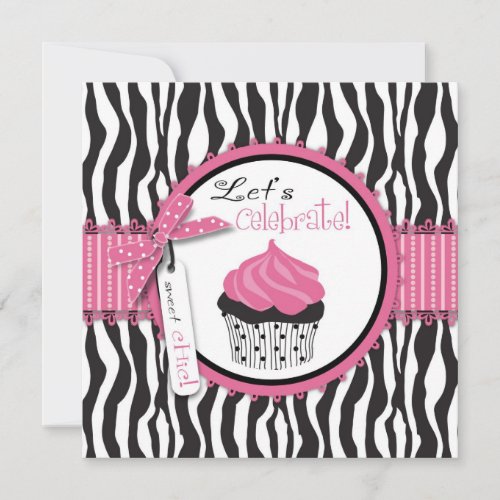Zebra Print &amp; Cupcake Birthday Personalized Invitation