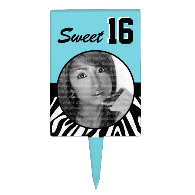 Zebra Print Custom Photo Sweet 16 Birthday Blue Cake Topper (Front)