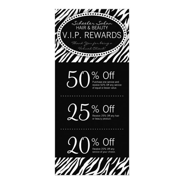 Zebra Print Custom Salon Coupons Specials Rack Card (Front)