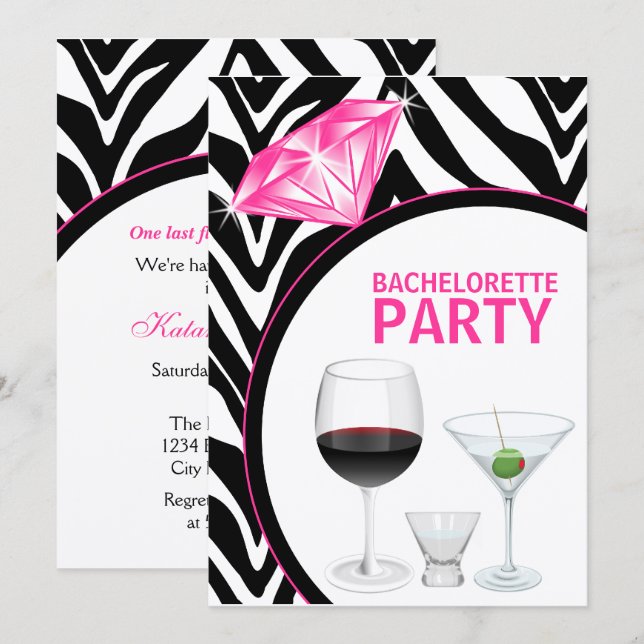 Zebra Print & Diamond Bachelorette Party Invitation (Front/Back)