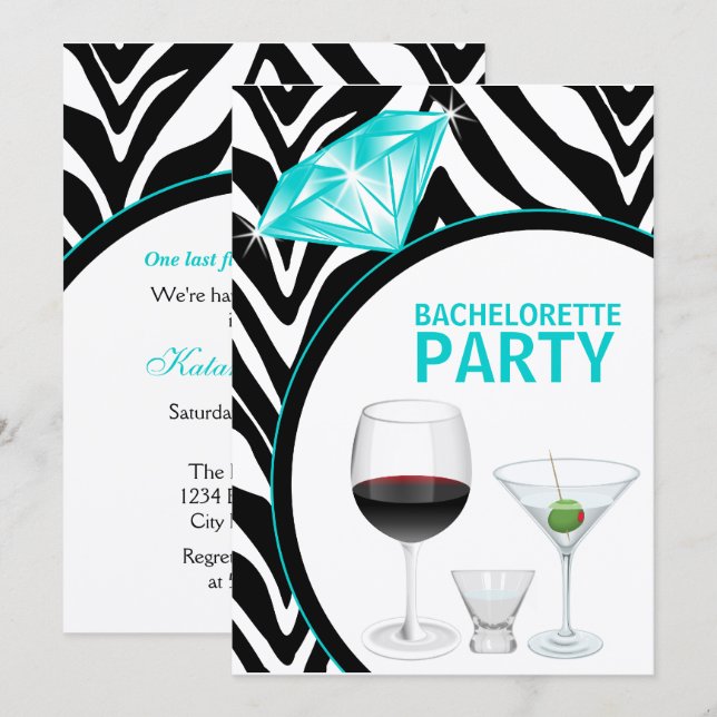 Zebra Print & Diamond Bachelorette Party Invitation (Front/Back)