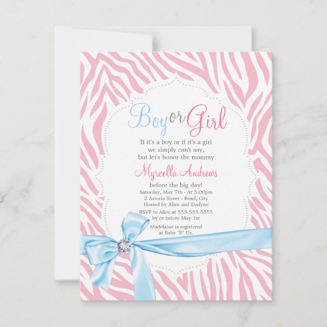 Zebra Print & Diamond Girl or Boy Baby Shower Invitation (Front)