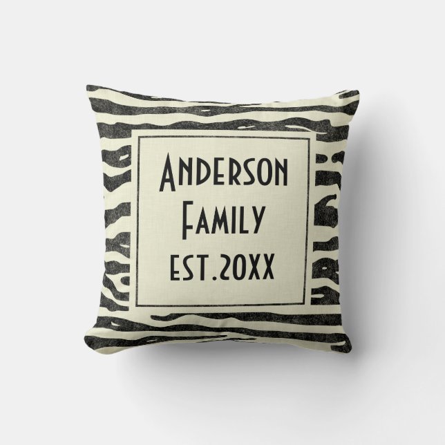 Zebra Print Distressed Black Beige Custom Family Throw Pillow (Front)