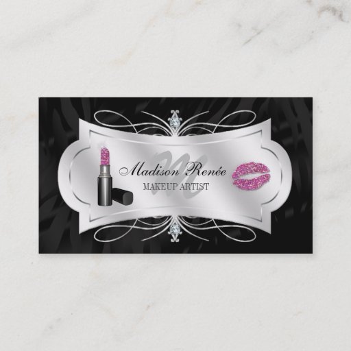 Customizable Zebra Print Ebony Glitter Cosmetology Business Cards