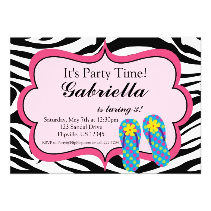 Zebra Print Flip Flop Birthday Party Invitation