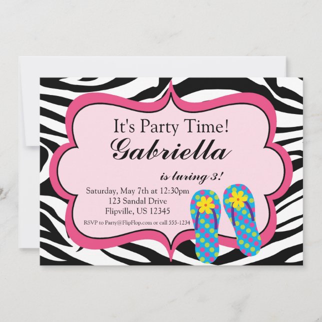 Zebra Print Flip Flop Birthday Party Invitation (Front)