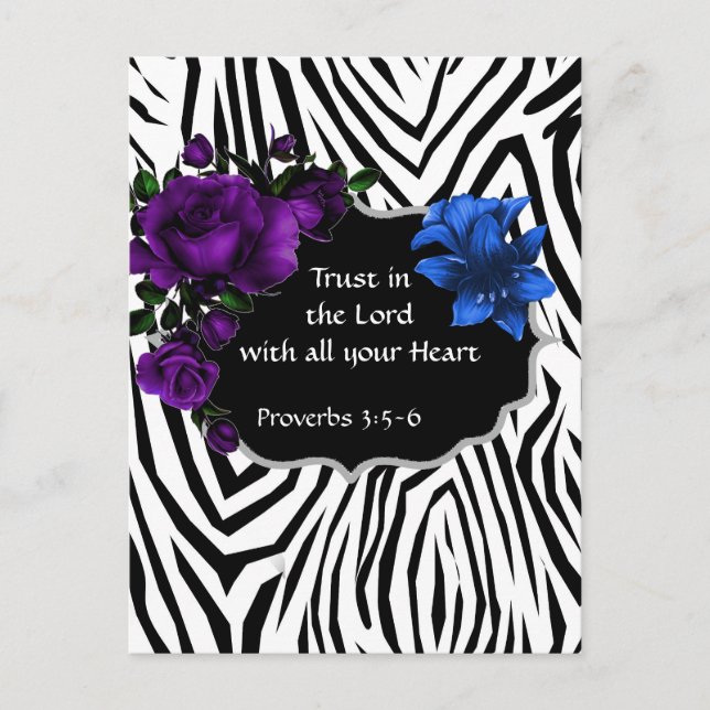 Zebra Print Floral Design Postcard Proverbs 3:5-6 (Front)