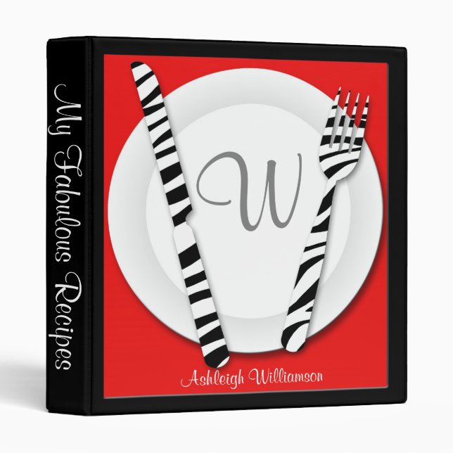 Zebra Print Fork & Knife Red Recipe Binder (Front/Spine)