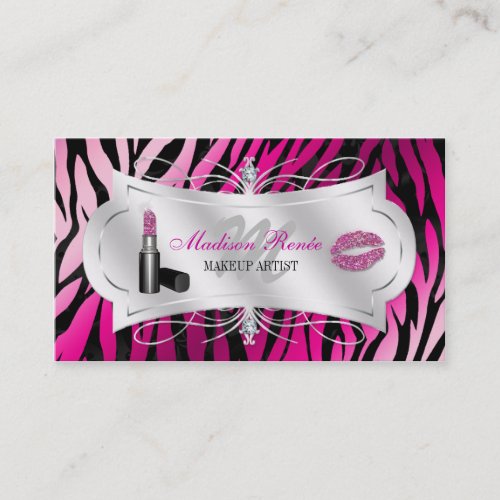 Zebra Print Fuchsia Black Glitter Cosmetology Business Card Template