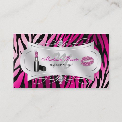 Customizable Zebra Print Fuchsia Black Glitter Cosmetology Business Card Template