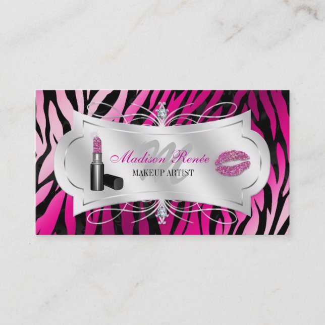 Zebra Print Fuchsia Black Glitter Cosmetology Business Card (Front)