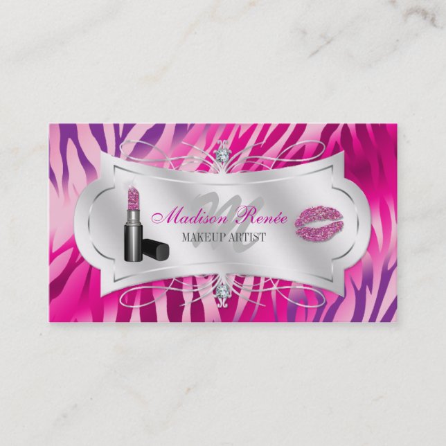 Zebra Print Fuchsia Lavender Glitter Cosmetologist Business Card (Front)