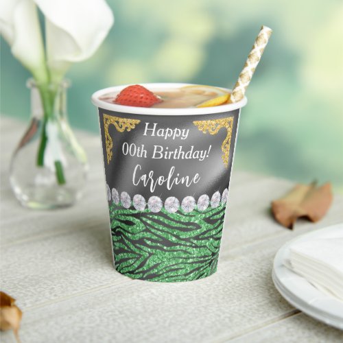 Zebra Print Glitter in Green Happy Birthday Paper Cups