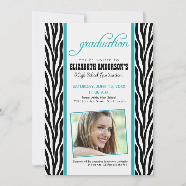 Zebra Print Graduation Announcement (aqua) (Front)