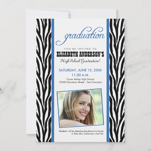 Zebra Print Graduation Announcement (blue) (Front)