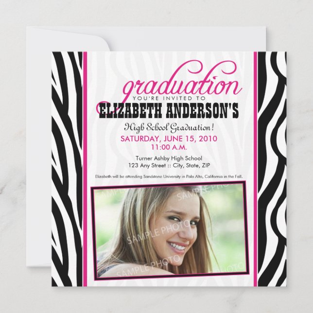 Zebra Print Graduation Announcement (fuchsia) (Front)