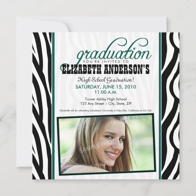 Zebra Print Graduation Announcement (hunter green) (Front)