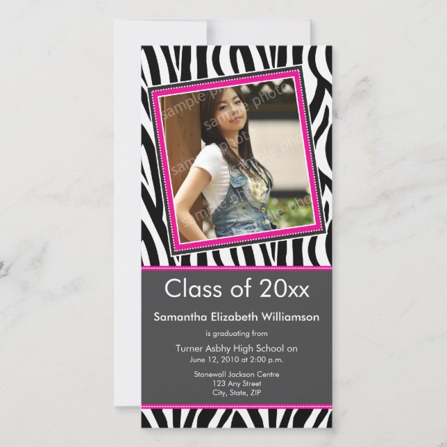 Zebra Print Graduation Photo Announcement (pink) (Front)
