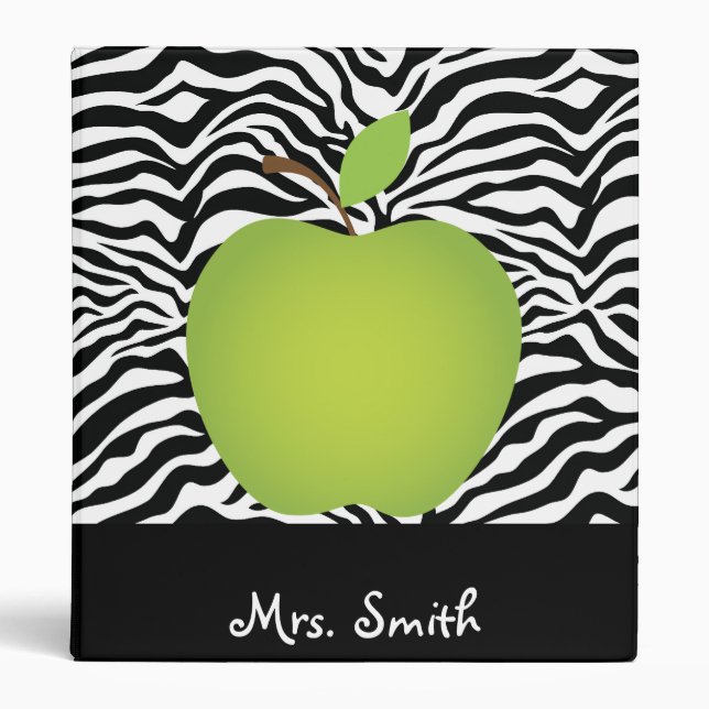 Zebra Print Green Apple Teacher's Personalized Binder (Front)