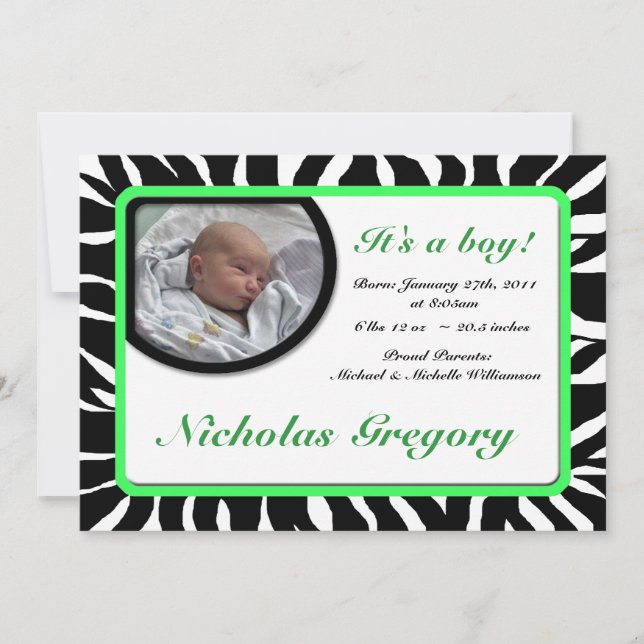Zebra Print Green Birth Announcements (Front)
