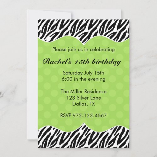 Zebra Print Green Dot Invitations Announcements
