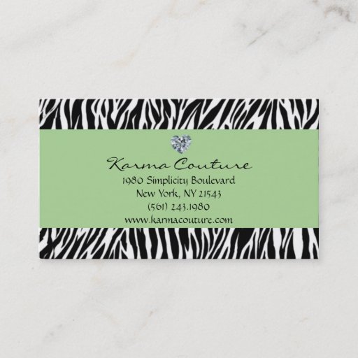 Customizable zebra print green w/ heart shaped diamond business card