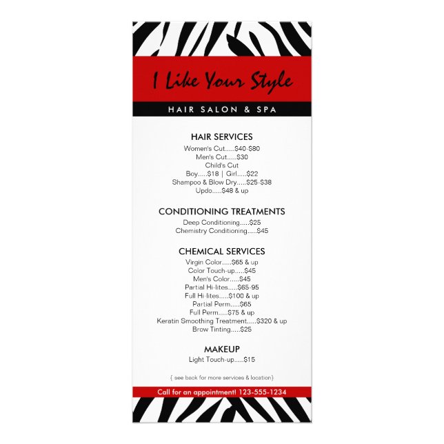 Zebra Print, Hair Salon Price List Rack Card (Front)