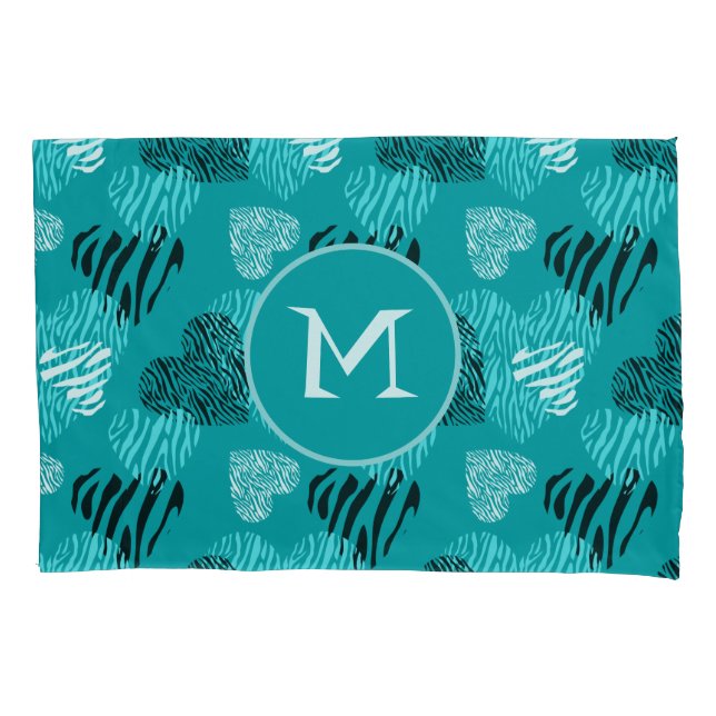Zebra Print Hearts Teal White Monogram  Pillow Case (Front)