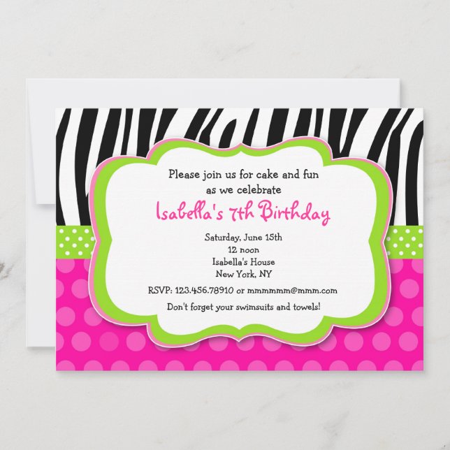 Zebra print Hot pink Bithday Party Invitations (Front)