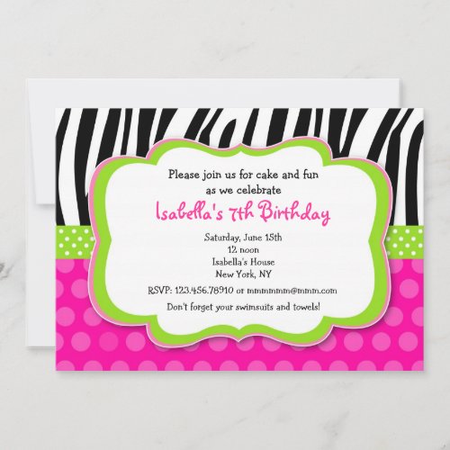 Zebra print Hot pink Bithday Party Invitations