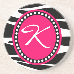 Zebra Print Hot Pink Circle Monogrammed Coaster